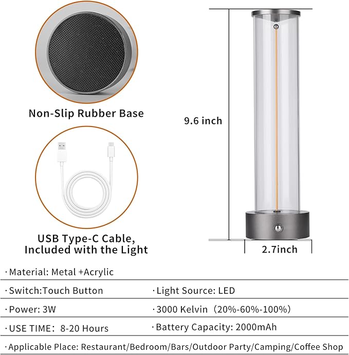 Mini Minimalist Tabe Lamp with Breathing Effect, Cordless LED Desk Lamp Rechargeable Modern Night Lights Portable Lamp for Gaming, Home Office, Bedroom, Living Room, Kitchen, Bar, Restaurant (grey)