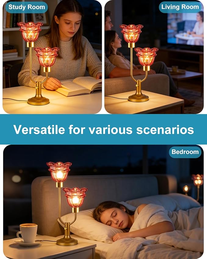 Lightdot Mid Century Modern Flower Table Lamp Gold Dimmable U-Shaped Deep Red Glass Desk Lamps with 2Pcs 3000K Warmwhite Bulbs Included Bedside Nightstand Lamp for Living Room Bedroom