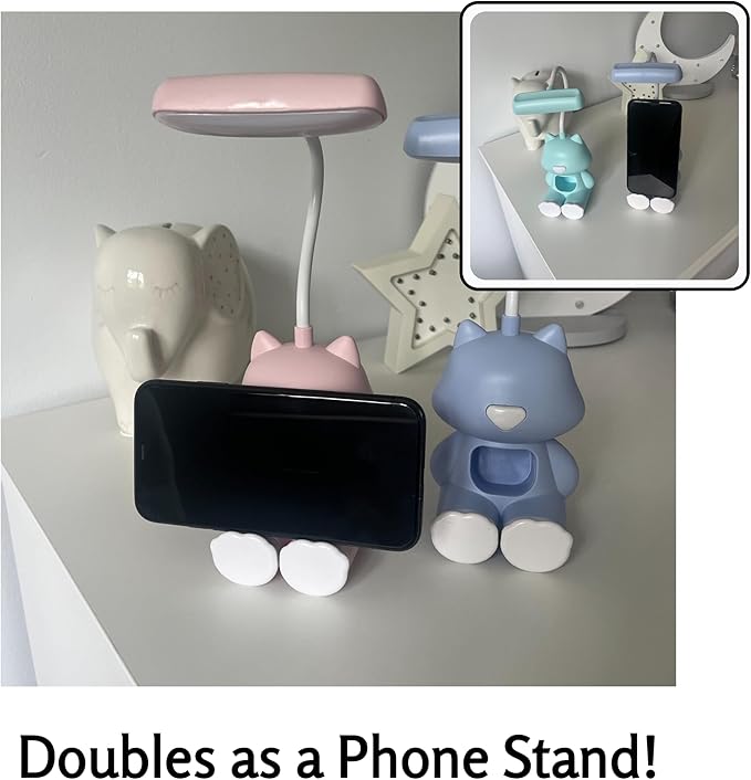 Cute Cat LED Desk Lamp with Phone Stand – Flexible Gooseneck, Rechargeable Battery, Small Organizer Compartment – Night Light for Kids' Rooms or Nursery (Pink)