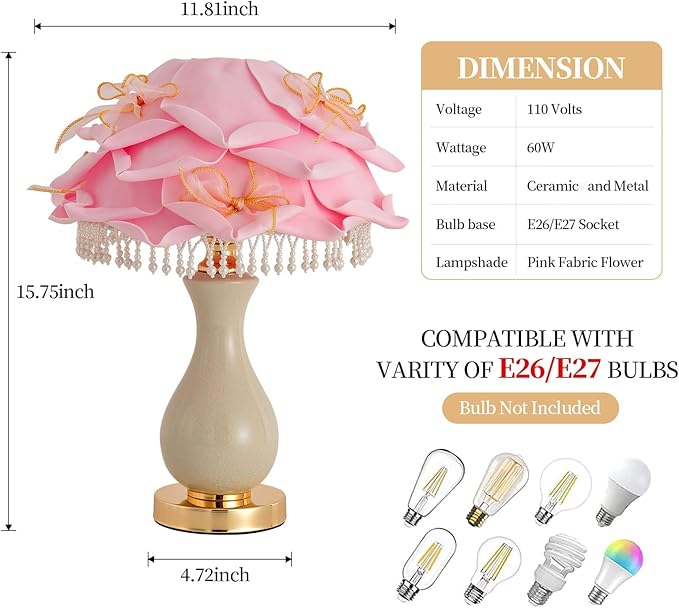 Pink Rose Flower Lamp Nordic Table Lamp Romantic Ceramic Nightstand Light Princess Bedside Lamp for Girl Valentines Mother's Day Wedding Party Deco Bedroom Living Room Entry