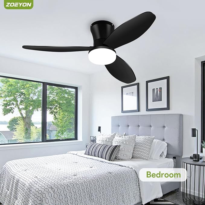 Small Ceiling Fan with Light - 42 Inch Flush Mount Ceiling Fan with Lights and Remote, Low Profile Ceiling Fans with 3 Reversible Blades, 6 Wind Speeds, Black Ceiling Fans for Bedroom