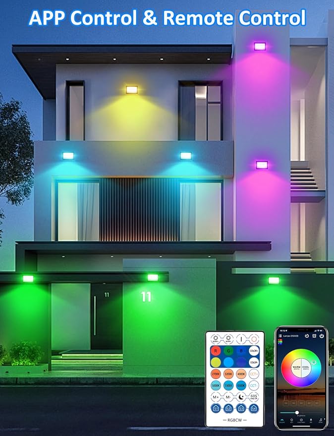 RGB LED Flood Light Outdoor 300W Equivalent, 30W Bluetooth RGBCW Smart Floodlights 2700K, 16 Million Color Changing, Timing, Music Sync, IP66 Waterproof Landscape Lighting with US Plug (4 Pack)
