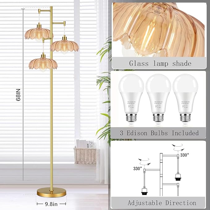 Glass Floor Lamp for Living Room,Bedroom,Gold Mid Century Modern Standing Lamp Brass Tree 3 Light Tall Floor Lamps Vintage Retro Floor Lights Flower Lamp Shade Farmhouse Boho Bohemian
