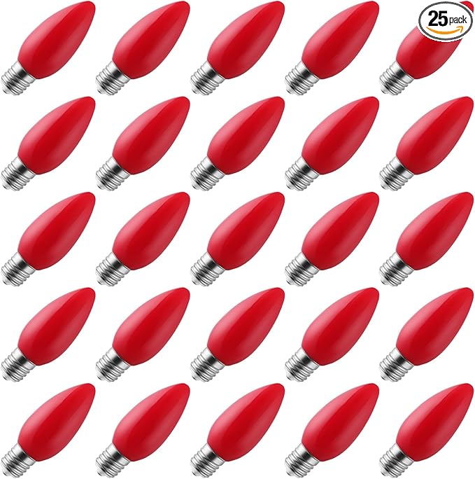 25-Pack Ceramic C9 Christmas Light Bulbs, Red LED Light Bulbs Holiday Decoration, Christmas Decor for Indoor & Outdoor Use, E17/C9 Intermediate Base (Red Smooth)