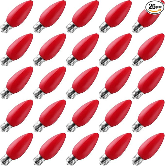 25-Pack Ceramic C9 Christmas Light Bulbs, Red LED Light Bulbs Holiday Decoration, Christmas Decor for Indoor & Outdoor Use, E17/C9 Intermediate Base (Red Smooth)