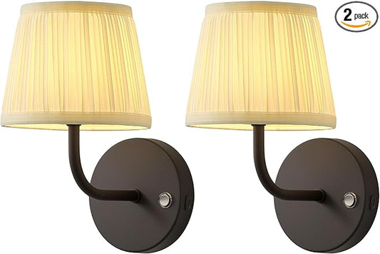 PUSU LED Cordless Black H9.6 inch Small Wall Sconces Set of 2, Rechargeable 5200mAh Battery Operated Fabric Wall Lamp with Remote, Lighting for Living Room, Bedroom, Hallway, Bathroom, Stairs, Kitchen