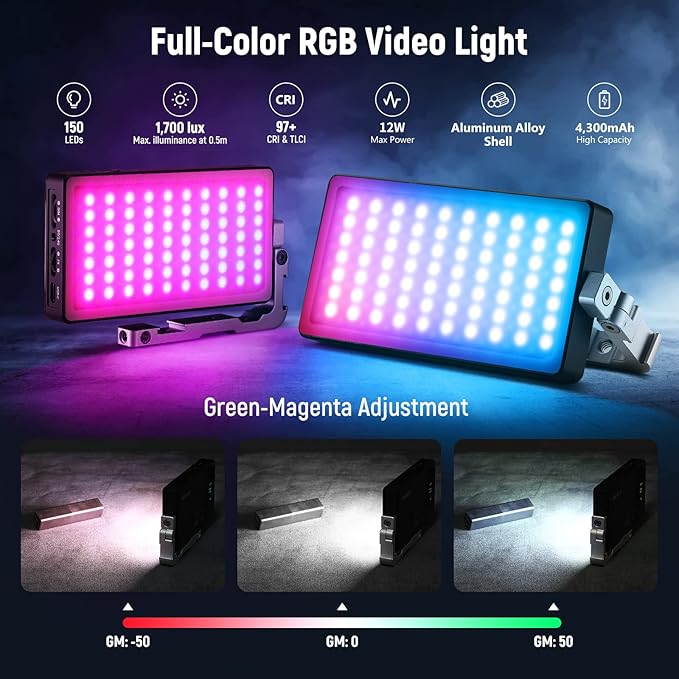 NEEWER RGB Video Light, 2500-10000K CRI97+ On Camera Selfie Light with App & 2.4G Control, 18 Light Scenes, 4300mAh Battery for Photography, SL90