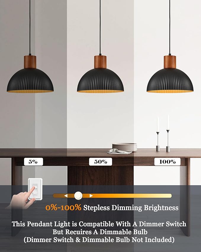 ELYONA 12" Ash Wood Dome Pendant Light Hanging Lamp with Black Metal Shade & Gold Inner Finish, Modern Pendant Light Fixtures for Farmhouse Kitchen Island Dining Room Bedroom Living Room Hallway