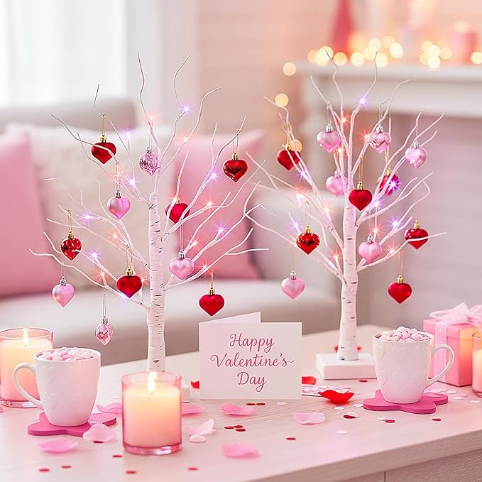 Valentines Day Decorations Birch Tree with Heart-Shaped Ornaments, Lighted Artificial Tree with 24 LED Pink&Red Lights, Light Up Tabletop Trees USB&Battery Operated for Home Indoor Table (2Pack 2Ft)