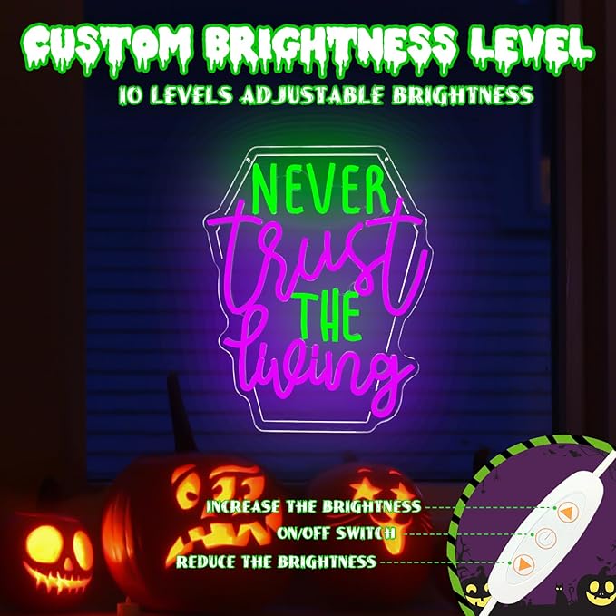 Ajoyferris Never Trust The Living Neon Sign Halloween Led Signs Dimmable Tombstone Light Up Sign Gothic Haunted House Neon Window Lights Scary Halloween Decorations