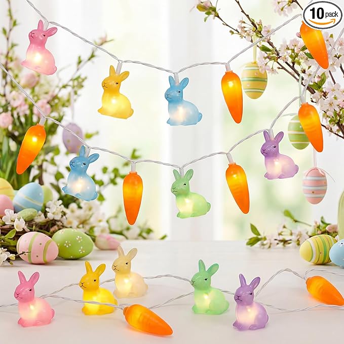 Abeja Multicolored Rabbit Carrot String Light, 8.5FT LED Easter Fairy Light with 10 LED Rabbit Carrot Lights, Easter String Lights for Kids Bedroom Garden Wall Home Easter Decorations