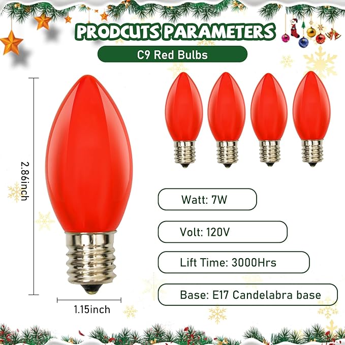 25 Pack C9 Ceramic Christmas Replacment Bulbs, Red Light Bulbs for E17 Candelabra Base Outdoor/Indoor Christmas String Lights, 7 Watt