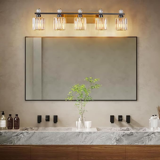 Bathroom Vanity Lights 5-Light Black Gold Modern Crystal Vanity Light Fixtures Over Mirror Crystal Bathroom Vanity Lighting Fixtures