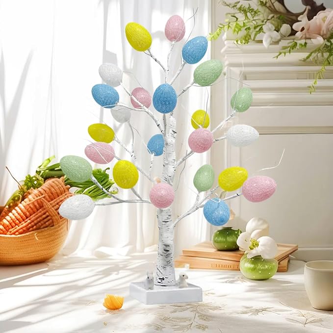 Easter Decorations,Pre-Lit Artificial Easter Egg Tree with LED Lights,2FT Lighted Birch Tree,Light up Tree Lamp for Spring Holiday Tabletop Decor