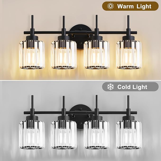 4 Light Round Crystal Vanity Lights, Modern Black Crystal Wall Light Bath Mirror Light Fixture Over Mirror Bathroom Wall Sconces for Bathroom Living Room
