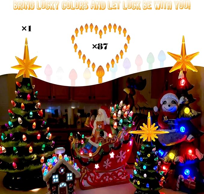 Ceramic Christmas Tree Replacement Lights Bulbs, Orange Medium Twist Plastics Pegs Ornaments for Ceramic Tree(87 Bulbs＆ 3 Topper Star)