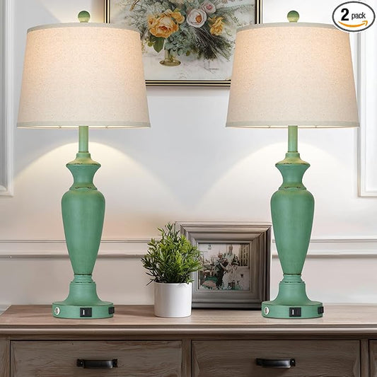 30" Tall Metal Table Lamps Set of 2, Touch Control Bedside Lamps for Bedroom Nightstand, 3-Way Dimmable Farmhouse Lamp for Living Room with Charging Ports, Retro Green (2 LED Bulbs Included)