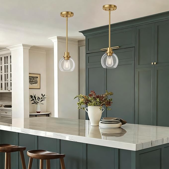 Ralbay Brushed Gold Pendant Light 2-Pack, Farmhouse Pendant Light Fixtures with Globe Clear Glass Shade, Kitchen Island Lighting for Dining Room, Rustic Adjustable Hanging Lighting Fixture