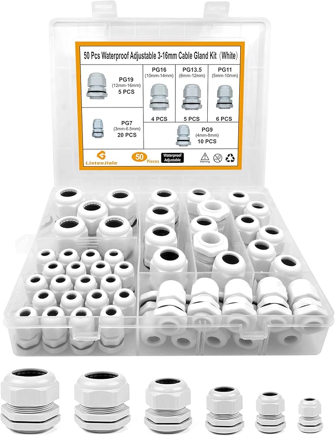 Cable Gland Waterproof,LISTENJIALE 50 pcs Adjustable 3-16mm Waterproof Cable Connectors PG7 PG9 PG11 PG13.5 PG16 PG19 Plastic Cable Gland Joints with Gaskets in PP Box(White)