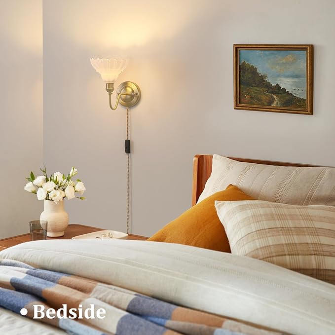 Plug in Wall Sconce Set of 2, Gold Vintage Wall Decor Lights with White Lily Glass Shade, Indoor Brass Corded Wall Lamp Fixture for Bedroom Living Room Bathroom Hallway