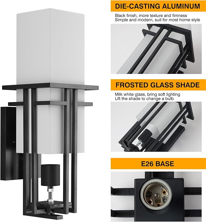Outdoor Lighting Fixtures Wall Mount, Outdoor Wall Lights Modern with Frosted Glass, Aluminum Exterior Light for House Outdoor Wall Lantern for Garage Porch Carriage Patio (12.2''H, 1 pc)