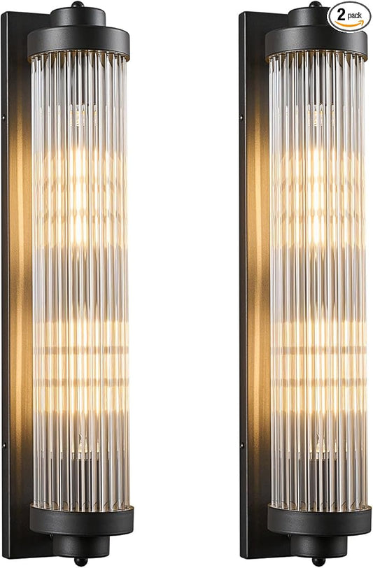 Black Wall Sconces Set of Two with Crystal Glass Strip Bathroom Sconces 2 Light E12 Base Modern Wall Lights for Bedroom Living Room Hallway Wall Light Fixtures