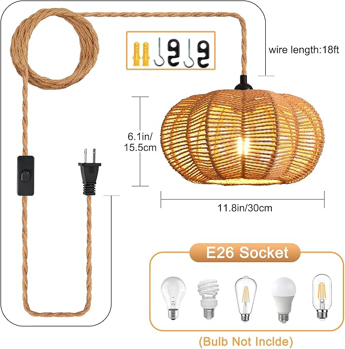 Industrial 15ft Pendant Light Cord -Plug in Hanging Light Fixture, 15FT Farmhouse Pendant Lamp Lights with Switch Cord for Kitchen Island Bedroom Living Room