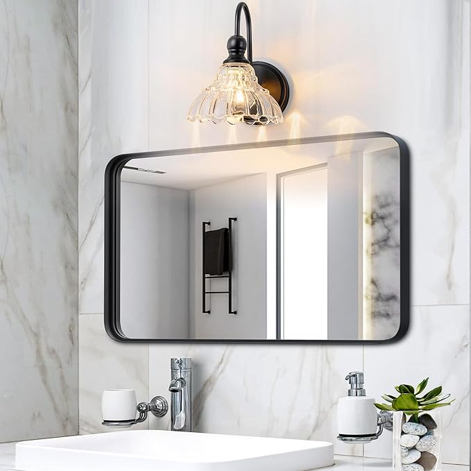 Vintage Bathroom Light Fixtures Over Mirror, 1-Light Black Wall Sconce Lighting with Flower Glass Shade, Farmhouse Vanity Lights for Bedroom Kitchen Living Room Hallway Light