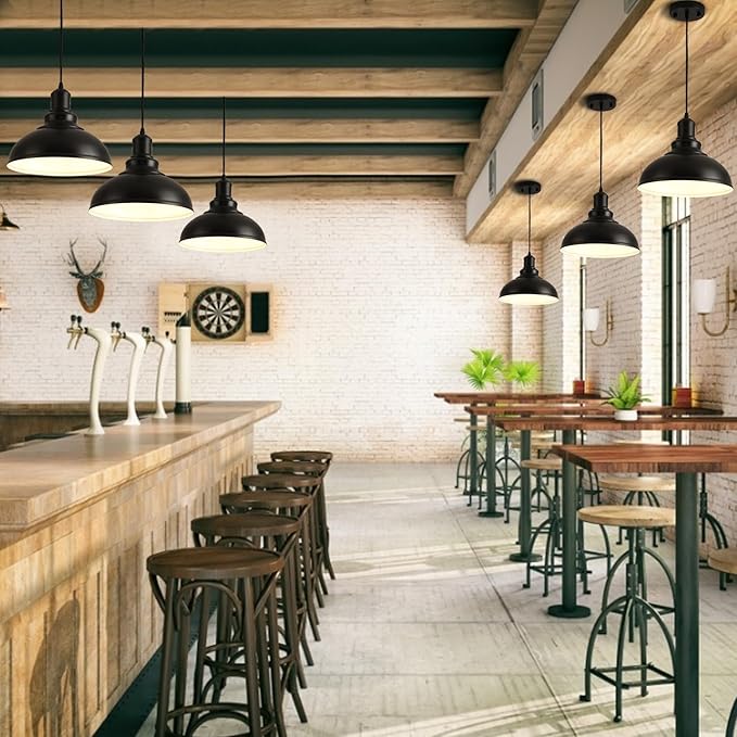 3PCS Matte Black Pendant Lights, Farmhouse Pendant Lamp with Metal Shade (White Inside), Industrial Pendant Lighting for Kitchen Island, Dining Room, Bedroom, Hallway