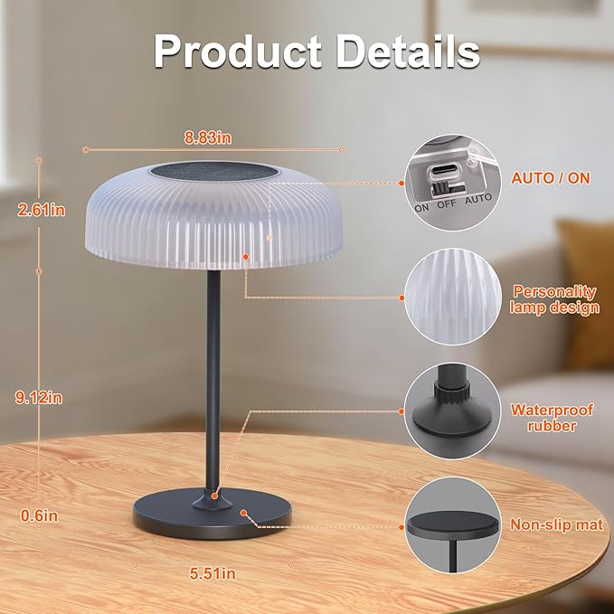 Nreonrick Cordless Mushroom Table Lamp, Portable Rechargeable Solar Night Light with Gesture and Touch Solar Table Lamps for Outdoor Patio, Garden Camping, Bedside Decor, Waterproof Lighting