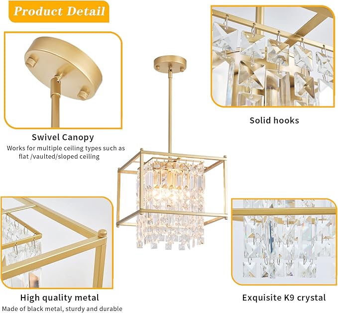 Gold Crystal Chandelier Industrial Pendant Light 11.81 inch Square 4 Lights Modern Vintage Semi Flush Mount Ceiling Light Fixture for Kitchen Island Dining Room Living Room Bedroom