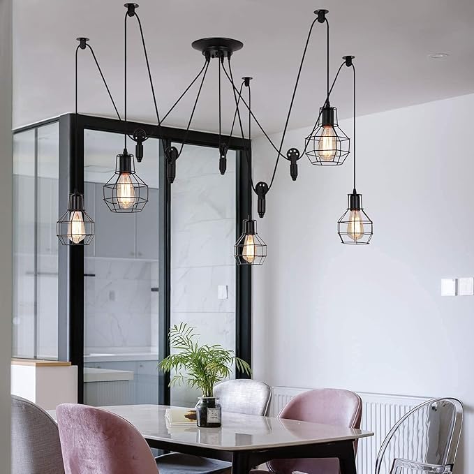 Industrial Pendant Lighting 5 Heads, Adjustable DIY Vintage Style Spider Semi Flush Mount Ceiling Light,Edison Rustic Chandelier,Hanging Lamp Fixture for Dining Room,Kitchen Bedroom,farmhouse