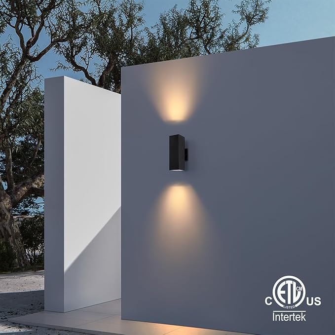 mirrea Modern Outdoor Porch Light Patio Light in 2 Lights with Aluminum Rectangular Tube and Tempered Glass Cover Waterproof Wall Sconce 2 Pack (Matte Black)