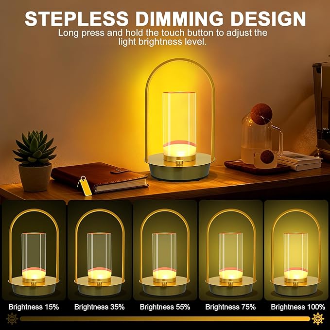 Cordless Table Lamp - Portable Lumisom Crystal Lantern with Touch & 3 Color Dimmable, Rechargeable Small Battery Powered Desk Lamp, Kiyagi Crystal Lantern for Bedroom Bedside Patio Camping Bar (Gold)