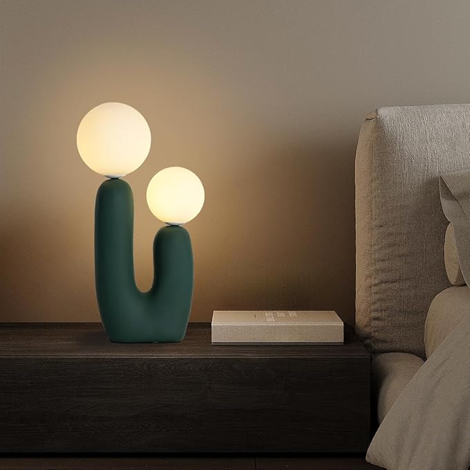 Modern Green Table Lamp Cactus Shape Resin Retro Table Light White Milk Globe Glass Light Fixtures for Living Room Bedroom Children’s Room Cafe Entrance