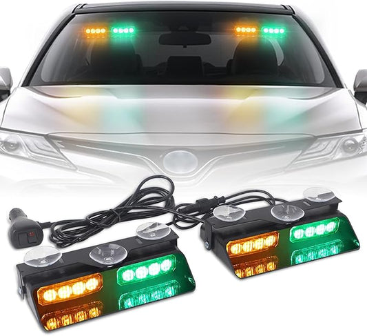 XRIDONSEN 2 in 1 Dash Emergency Strobe Lights Front/Rear Amber Green Windshield Lights Warning Safety Flashing w/Suction Cups for Volunteer Vehicles, Trucks（Amber/Green