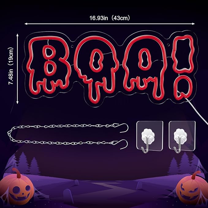 FITNATE BOO Neon Sign, Dimmable Spooky Haunted Mansion Decor LED Neon Signs, Red BOO Neon Light Up Sign for Haunted House Man Cave Bar Party Christmas Decor