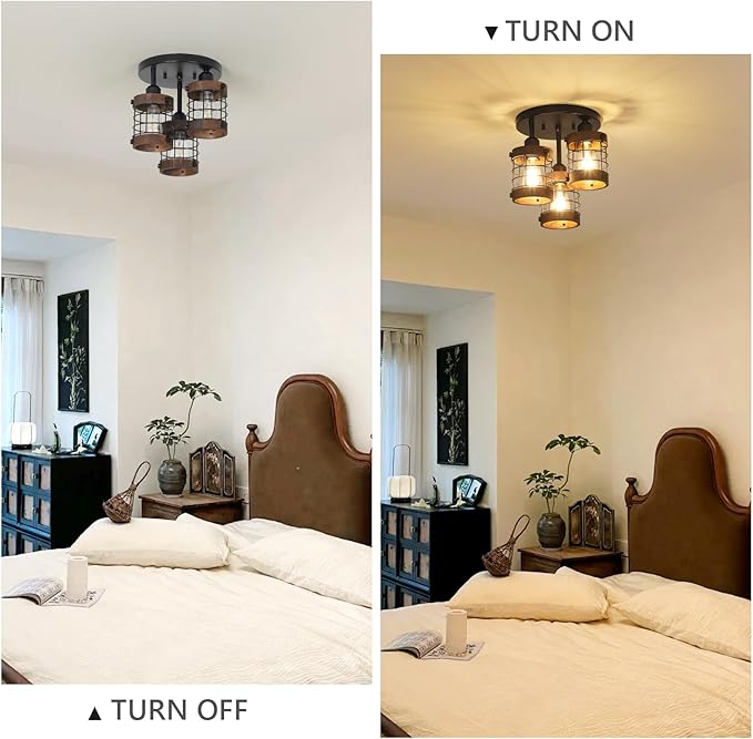 Semi Flush Mount Ceiling Light,3-Light Farmhouse Chandelier Light Fixtures Ceiling Mount, Black Hallway Light Fixtures with Wooden Cage Shade,Rustic Kitchen Light Fixture for Entryway Bedroom