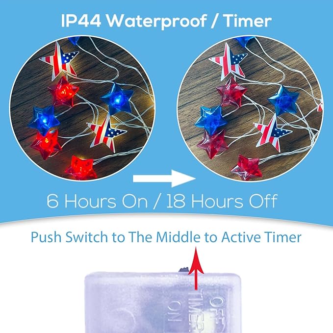 ITICdecor 4th of July Decoration 30 LED Star String Lights Battery Operated with Timer Patriotic Star Fairy Lights for Independence Day President Day Memorial Day Indoor Outdoor Décor