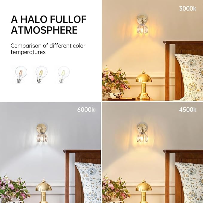 Vintage Wall Sconces Set of 2 with Cute Amber Tulip Glass Lampshade 180 Degree Adjustable Brass Sconces Hradwired Modern Wall Lighting Fixture with Switch for Bedside Bedroom Doorway