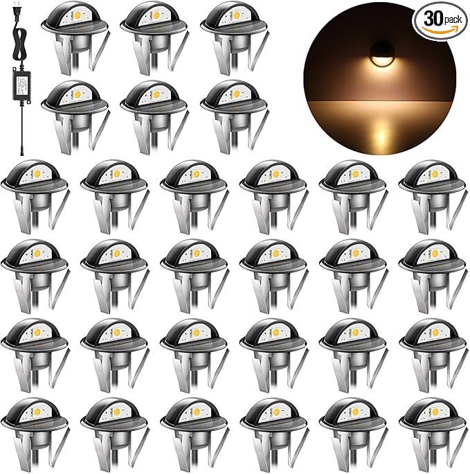 RNEHON LED Deck Lighting Kits,Warm White Φ1.38 Low Voltage 12V DC Step Stair Lights,IP65 Waterproof Outdoor Recessed LED Landscape Lighting for Garden,Yard Stairs,Floor,Patio Decoration(30 Pack)