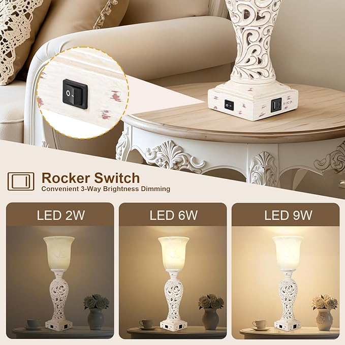 Bedside Table Lamps for Bedroom Set of 2, 3-Way Dimmable Nightstand Lamps with 2 USB Charging Ports, 20" Vintage Desk Lamps with White Alabaster Glass Shade for Living Room Entryway, LED Bulb Included