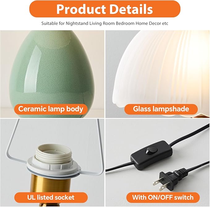 Ceramic Table lamp Set of 2, Modern Bedside Lamps Green Mid Century Vintage Desk Lamp Retro Glass Mushroom Traditional Lamp for Nightstand Living Room Bedroom Home Decor (S04GN-2PACK)