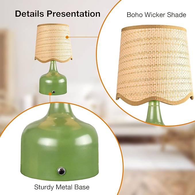 Cordless Boho Table Lamp Green, Scalloped Wicker Shade, 5200-mAh Rechargeable Battery, 3-Way Dimmable, Build-in Integrated LED 320 Lumen Max, for Bedside Living Room