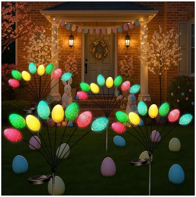 4Pack Solar Easter Lights Outdoor - 32Pcs Colorful LED Easter Eggs for Pathway Lights Decorations, Solar Powered Waterproof Spring Decor for Pathway Landscape Lawn Yard Porch Patio Decoration