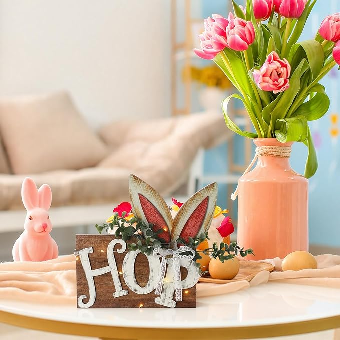 Leinuosen Easter Table Decoration Wooden Sign with LED Lights, Easter Lighted Decor Rustic Farmhouse Table Centerpiece with 3D LED Bunny Ears for Tiered Tray Home Spring Party Decor