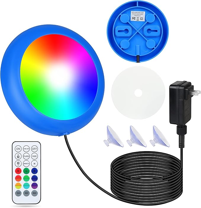 LED Pool Light 10W Smart RGB Magnetic Submersible Light with Remote Control Dimmable Underwater Changing Color Aboveground 12V Pool Light IP68 Waterproof 23ft Cord