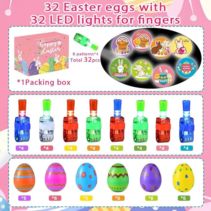 32 Prefilled Easter Eggs with Finger Lights Egg Fillers, Easter Basket Stuffers Gifts for Kids Teens Plastic Glow In The Dark Easter Eggs Filled Toys for Kids Boys Girls Party Favors Egg
