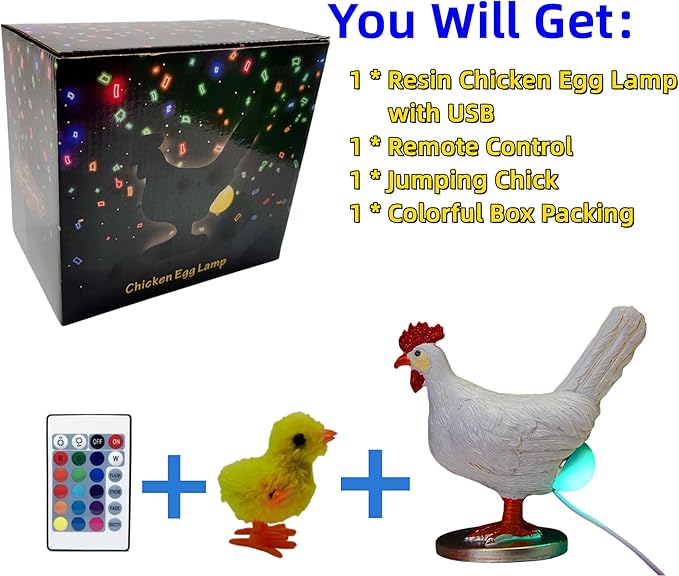 Upgraded Chicken Egg Lamp, Chicken Lamp, 16 Colors Change with Remote Control, 3D Resin Chicken Night Light with USB, Color Gift Box, Easter Birthday Gift for Friends (D)