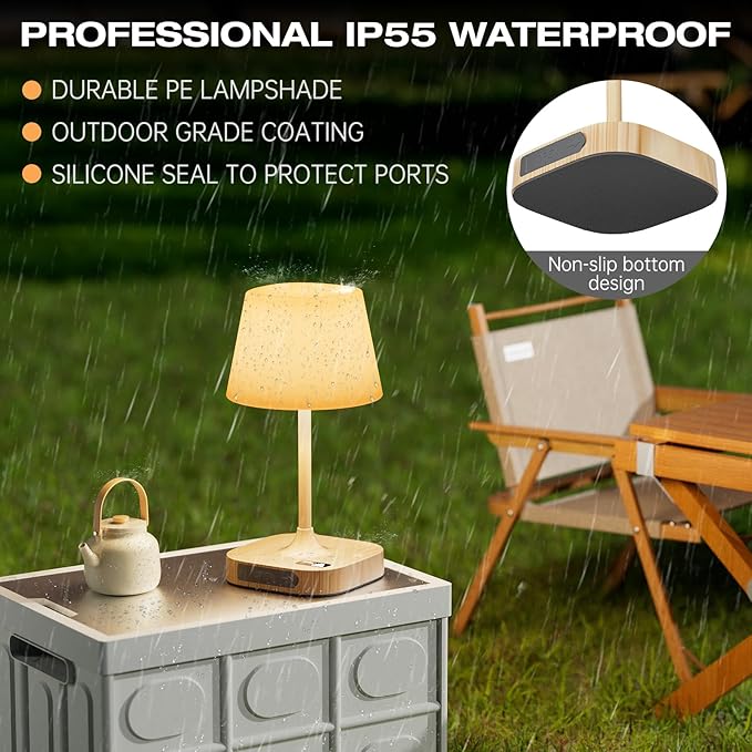 Lightbiz Outdoor Table Lamp, Shower Lamp with 8000mAh Cordless Rechargeable Battery, IP55 Waterproof, 3 Colors & 5 Brightness, Dimmable LED Display Bath Lamp for Camping,Bedroom,Patio,Bathroom(Wood)